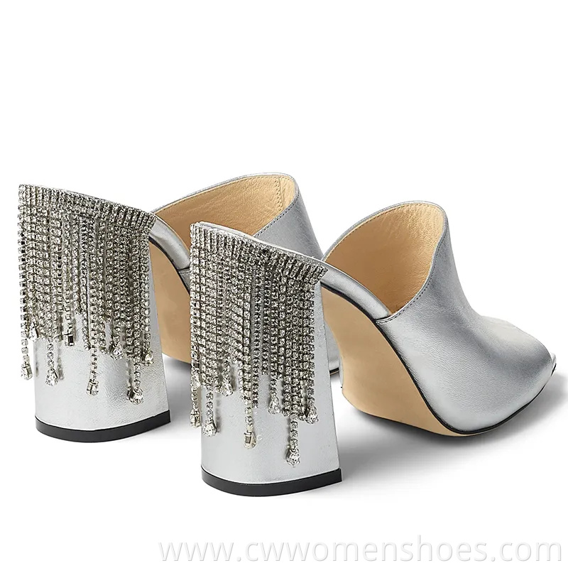 Large Size High Heels Women Silver Block Heel Mules with Crystal Drape